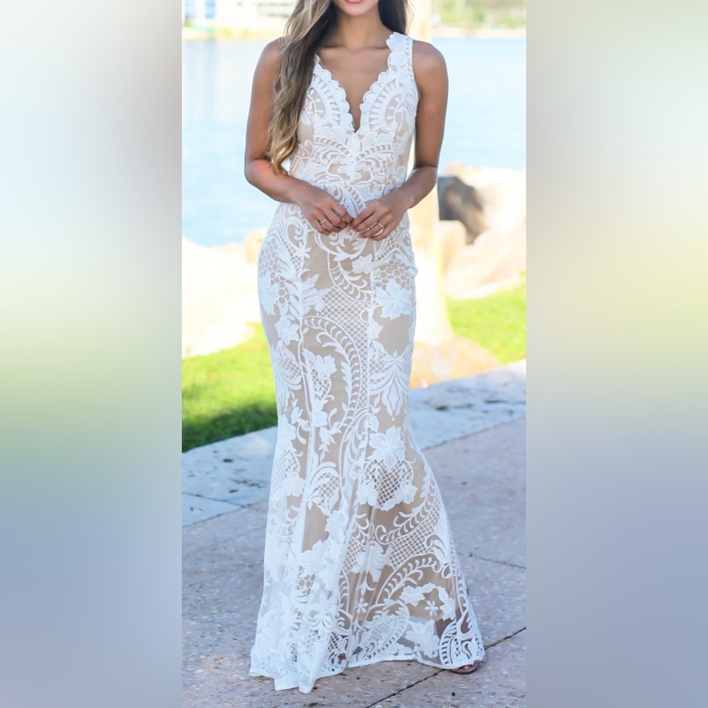 Luxxel White & Nude Embroidered Formal Maxi Dress, Size Small